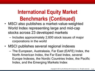 International Equity Market
Benchmarks (Continued)
• MSCI also publishes a market-value-weighted
World Index representing large and mid-cap
stocks across 23 developed markets
– Includes approximately 2,600 stock issues of major
corporations in the world
• MSCI publishes several regional indexes
– The European, Australasia, Far East (EAFE) Index, the
North American Index, the Far East Index, several
Europe Indexes, the Nordic Countries Index, the Pacific
Index, and the Emerging Markets Index
13-24
Copyright © 2021 by the McGraw-Hill Companies, Inc. All rights reserved.
 