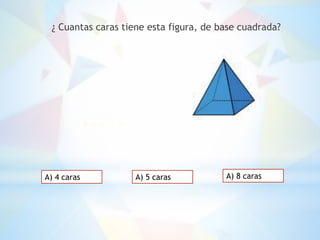 ¿ Cuantas caras tiene esta figura, de base cuadrada?
A) 4 caras A) 5 caras A) 8 caras
 