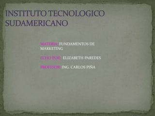 INSTITUTO TECNOLOGICO SUDAMERICANO MATERIA: FUNDAMENTOS DE MARKETINGECHO POR:  ELIZABETH PAREDESPROFESOR: ING. CARLOS PIÑA 