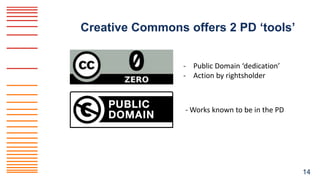 Creative Commons offers 2 PD ‘tools’
14
- Public Domain ‘dedication’
- Action by rightsholder
- Works known to be in the PD
 