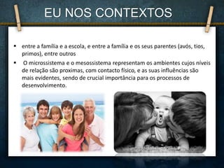 entre a família e a escola, e entre a família e os seus parentes (avós, tios,
primos), entre outros
 O microssistema e o mesossistema representam os ambientes cujos níveis
de relação são proximas, com contacto físico, e as suas influências são
mais evidentes, sendo de crucial importância para os processos de
desenvolvimento.
EU NOS CONTEXTOS
 