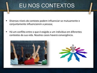  Diversos níveis do contexto podem influenciar-se mutuamente e
conjuntamente influenciarem a pessoa;
 Há um conflito entre o que é exigido a um indivíduo em diferentes
contextos da sua vida. Noutros casos haverá convergência.
EU NOS CONTEXTOS
 