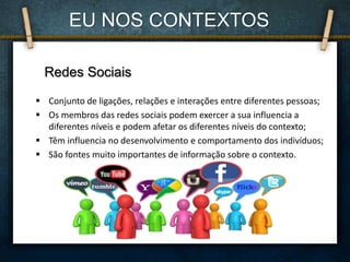  Conjunto de ligações, relações e interações entre diferentes pessoas;
 Os membros das redes sociais podem exercer a sua influencia a
diferentes níveis e podem afetar os diferentes níveis do contexto;
 Têm influencia no desenvolvimento e comportamento dos indivíduos;
 São fontes muito importantes de informação sobre o contexto.
Redes Sociais
EU NOS CONTEXTOS
 