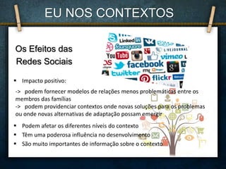 Os Efeitos das
Redes Sociais
 Impacto positivo:
 Podem afetar os diferentes níveis do contexto
 Têm uma poderosa influência no desenvolvimento
 São muito importantes de informação sobre o contexto
-> podem fornecer modelos de relações menos problemáticas entre os
membros das famílias
-> podem providenciar contextos onde novas soluções para os problemas
ou onde novas alternativas de adaptação possam emergir
EU NOS CONTEXTOS
 
