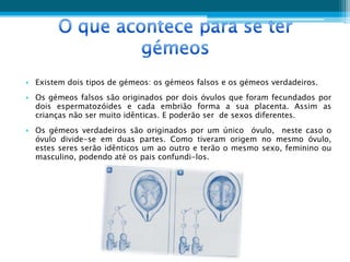 • Existem dois tipos de gémeos: os gémeos falsos e os gémeos verdadeiros.
• Os gémeos falsos são originados por dois óvulos que foram fecundados por
  dois espermatozóides e cada embrião forma a sua placenta. Assim as
  crianças não ser muito idênticas. E poderão ser de sexos diferentes.
• Os gémeos verdadeiros são originados por um único óvulo, neste caso o
  óvulo divide-se em duas partes. Como tiveram origem no mesmo óvulo,
  estes seres serão idênticos um ao outro e terão o mesmo sexo, feminino ou
  masculino, podendo até os pais confundi-los.
 