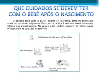 O período logo após o parto chama-se Puerpério, também conhecido
como pós-parto ou resguardo. Dura cerca de 6 a 8 semanas terminando com
retorno das menstruações. Na região anal, podem aparecer as hemorragias
necessitando de cuidados específicos .
 