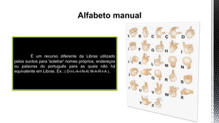 É um recurso diferente da Libras utilizado
pelos surdos para 'soletrar' nomes próprios, endereços
ou palavras do português para as quais não há
equivalente em Libras. Ex.: ( D-I-L-A-I-N-A/ M-A-R-I-A ),
 
