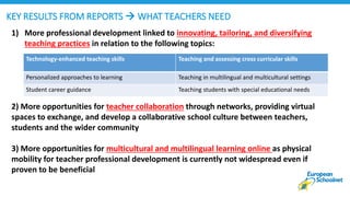 KEY RESULTS FROM REPORTS  WHAT TEACHERS NEED
1) More professional development linked to innovating, tailoring, and diversifying
teaching practices in relation to the following topics:
2) More opportunities for teacher collaboration through networks, providing virtual
spaces to exchange, and develop a collaborative school culture between teachers,
students and the wider community
3) More opportunities for multicultural and multilingual learning online as physical
mobility for teacher professional development is currently not widespread even if
proven to be beneficial
Technology-enhanced teaching skills Teaching and assessing cross curricular skills
Personalized approaches to learning Teaching in multilingual and multicultural settings
Student career guidance Teaching students with special educational needs
 