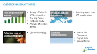 EVIDENCE-BASED ACTIVITIES
• Survey of Schools:
ICT in education
• Briefing Papers
• Netbook study
• Analysis of serious
games
• Observatory blog
• Country reports on
ICT in education
• Interactive
Classroom
• Digital skills
• Special Needs
Follow our
3 Working Groups
 