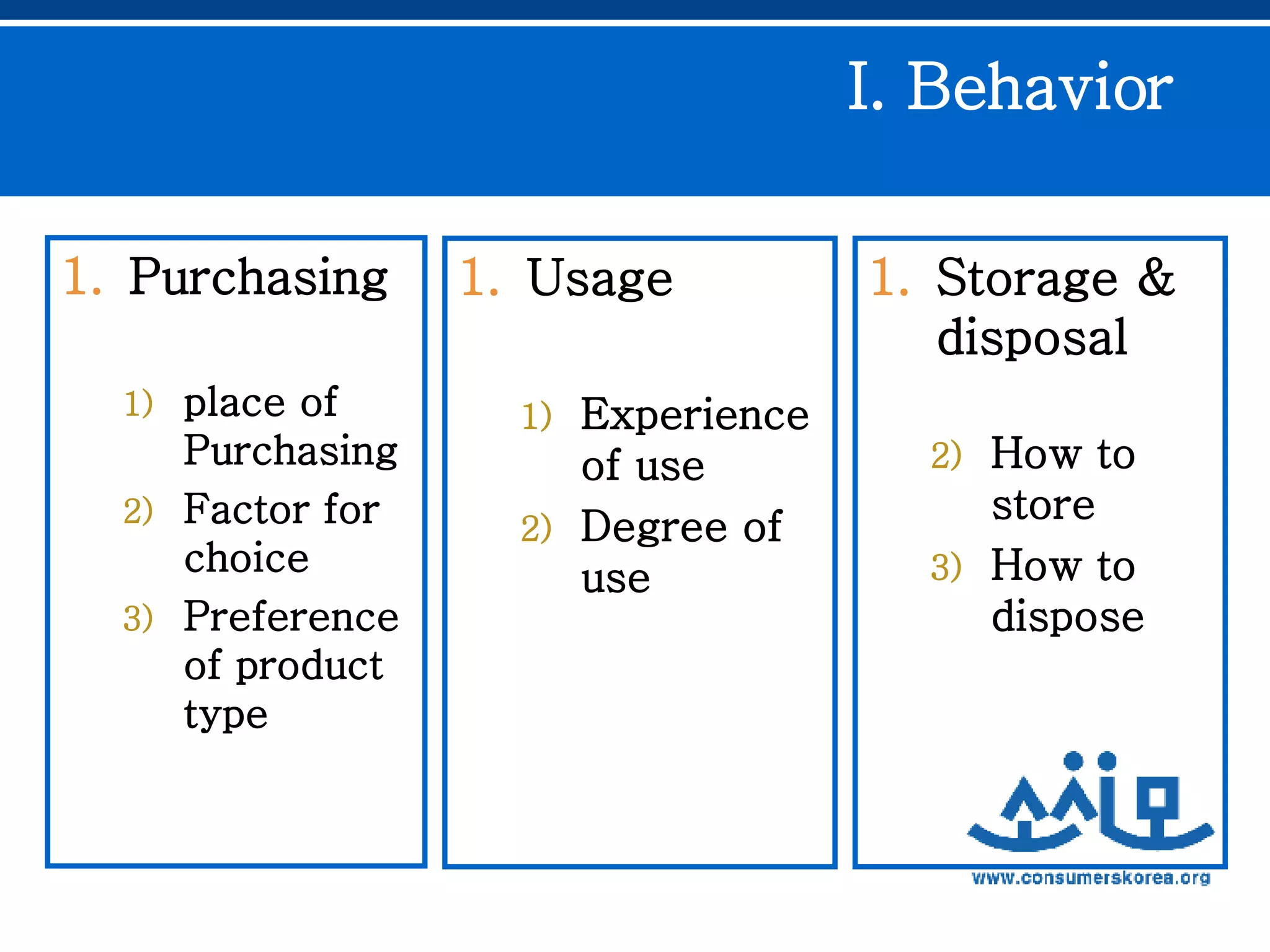 I. Behavior  Purchasing  place of Purchasing Factor for choice Preference of product type Usage Experience of use Degree of use Storage & disposal   How to store  How to dispose 