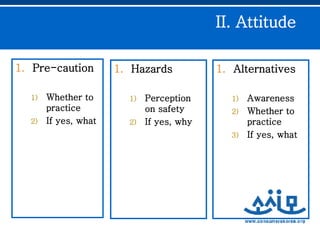 II. Attitude  Pre-caution  Whether to practice If yes, what Hazards  Perception on safety  If yes, why Alternatives  Awareness  Whether to practice  If yes, what 