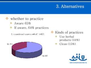 3. Alternatives   whether to practice Aware 65% If aware, 64% practices Kinds of practices Use herbal products (44%) Clean (15%) 