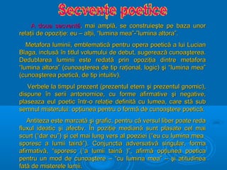 A doua secventă, mai amplă, se construieşte pe baza unor
relaţii de opoziţie: eu – alţii, “lumina mea”-”lumina altora”.
Metafora luminii, emblematică pentru opera poetică a lui Lucian
Blaga, inclusă în titlul volumului de debut, sugerează cunoaşterea.
Dedublarea luminii este redată prin opoziţia dintre metafora
“lumina altora” (cunoaşterea de tip raţional, logic) şi “lumina mea”
(cunoaşterea poetică, de tip intuitiv).
Verbele la timpul prezent (prezentul etern şi prezentul gnomic),
dispune în serii antonomice, cu forme afirmative şi negative,
plaseaza eul poetic într-o relaţie definită cu lumea, care stă sub
semnul misterului: opţiunea pentru o formă de cunoaştere poetică.
Antiteza este marcată şi grafic, pentru că versul liber poate reda
fluxul ideatic şi afectiv. În poziţie mediană sunt plasate cel mai
scurt (“dar eu”) şi cel mai lung vers al poeziei (“eu cu lumina mea
sporesc a lumii taină”). Conjunctia adversativă singular, forma
afirmativă, “sporesc (`a lumii taină )”, afirmă opţiunea poetica
pentru un mod de cunoaştere – “cu lumina mea” – şi atitudinea
fată de misterele lumii.

 