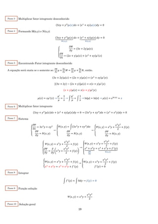 19
Multiplicar fator integrante desconhecido
(3𝑥𝑦 + 𝑦2)𝜇(𝑥)𝑑𝑥 + (𝑥2
+ 𝑥𝑦)𝜇(𝑥)𝑑𝑦 = 0
Formando M(x,y) e N(x,y)
(3𝑥𝑦 + 𝑦2)𝜇(𝑥)⏟
𝑀(𝑥,𝑦)
𝑑𝑥 + (𝑥2
+ 𝑥𝑦)𝜇(𝑥)⏟
𝑁(𝑥,𝑦)
𝑑𝑦 = 0
{
𝜕𝑀
𝜕𝑦
= (3𝑥 + 2𝑦)𝜇(𝑥)
𝜕𝑁
𝜕𝑥
= (2𝑥 + 𝑦)𝜇(𝑥) + (𝑥2
+ 𝑥𝑦)𝜇′(𝑥)
Encontrando Fator integrante desconhecido
A equação será exata se e somente se:
𝜕𝑀
𝜕𝑦
𝜇 +
𝜕𝜇
𝜕𝑦
𝑀 =
𝜕𝑁
𝜕𝑥
𝜇 +
𝜕𝜇
𝜕𝑥
𝑁, então.
(3𝑥 + 2𝑦)𝜇(𝑥) = (2𝑥 + 𝑦)𝜇(𝑥) + (𝑥2
+ 𝑥𝑦)𝜇′
(𝑥)
[(3𝑥 + 2𝑦) − (2𝑥 + 𝑦)]𝜇(𝑥) = 𝑥(𝑥 + 𝑦)𝜇′
(𝑥)
(𝑥 + 𝑦)𝜇(𝑥) = 𝑥(𝑥 + 𝑦)𝜇′
(𝑥)
𝜇(𝑥) = 𝑥𝜇′(𝑥) →
𝜇′
𝜇
=
1
𝑥
→ ∫
𝜇′
𝜇
= ∫
1
𝑥
→ ln|𝜇| = ln|𝑥| → 𝜇(𝑥) = 𝑒ln⁡|𝑥|
= 𝑥
Multiplicar fator integrante
(3𝑥𝑦 + 𝑦2)𝜇(𝑥)𝑑𝑥 + (𝑥2
+ 𝑥𝑦)𝜇(𝑥)𝑑𝑦 = 0 → (3𝑥2
𝑦 + 𝑥𝑦2)𝑑𝑥 + (𝑥3
+ 𝑥2
𝑦)𝑑𝑦 = 0
Sistema
{
𝜕𝛹
𝜕𝑥
= 3𝑥2
𝑦 + 𝑥𝑦2
𝜕𝛹
𝜕𝑦
= 𝑁(𝑥, 𝑦)
→
{
𝛹(𝑥, 𝑦) = ∫(3𝑥2
𝑦 + 𝑥𝑦2)𝑑𝑥
𝜕𝛹
𝜕𝑦
= 𝑁(𝑥, 𝑦)
→
{
𝛹(𝑥, 𝑦) = 𝑥3
𝑦 +
𝑥2
𝑦2
2
+ 𝑓(𝑦)
𝜕𝛹
𝜕𝑦
= 𝑁(𝑥, 𝑦)
{
𝛹(𝑥, 𝑦) = 𝑥3
𝑦 +
𝑥2
𝑦2
2
+ 𝑓(𝑦)
𝜕𝛹
𝜕𝑦
=
𝜕
𝜕𝑦
(𝑥3
𝑦 +
𝑥2
𝑦2
2
+ 𝑓(𝑦))
→
{
𝛹(𝑥, 𝑦) = 𝑥3
𝑦 +
𝑥2
𝑦2
2
+ 𝑓(𝑦)
𝑥3
+ 𝑥2
𝑦⏟
𝜕𝛹
𝜕𝑦
= 𝑥3
+ 𝑥2
𝑦 + 𝑓′
(𝑦)⏟
𝑁(𝑥,𝑦)
{
𝛹(𝑥, 𝑦) = 𝑥3
𝑦 +
𝑥2
𝑦2
2
+ 𝑓(𝑦)
𝑥3
+ 𝑥2
𝑦 = 𝑥3
+ 𝑥2
𝑦 + 𝑓′
(𝑦)
→ { 𝛹(𝑥, 𝑦) = 𝑥3
𝑦 +
𝑥2
𝑦2
2
+ 𝑓(𝑦)
𝑓′(𝑦) = 0
Integrar
∫ 𝑓′(𝑦) = ∫ 0𝑑𝑦 → 𝑓(𝑦) = 0
Função solução
𝛹(𝑥, 𝑦) = 𝑥3
𝑦 +
𝑥2
𝑦2
2
Solução geral
Passo 3
Passo 6
Passo 4
Passo 5
Passo 7
Passo 8
Passo 9
Passo 10
 