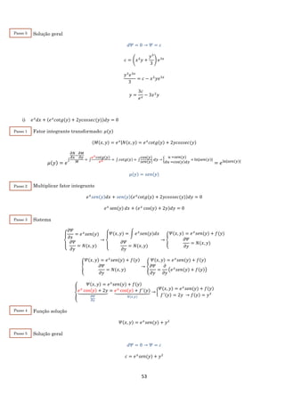 53
Solução geral
𝑑𝛹 = 0 → 𝛹 = 𝑐
𝑐 = (𝑥2
𝑦 +
𝑦3
3
) 𝑒3𝑥
𝑦3
𝑒3𝑥
3
= 𝑐 − 𝑥2
𝑦𝑒3𝑥
𝑦 =
3𝑐
𝑒 𝑥
− 3𝑥2
𝑦
i) 𝑒 𝑥
𝑑𝑥 + (𝑒 𝑥
𝑐𝑜𝑡𝑔(𝑦) + 2𝑦𝑐𝑜𝑠𝑠𝑒𝑐(𝑦))𝑑𝑦 = 0
Fator integrante transformado: 𝜇(𝑦)
(𝑀(𝑥, 𝑦) = 𝑒 𝑥|𝑁(𝑥, 𝑦) = 𝑒 𝑥
𝑐𝑜𝑡𝑔(𝑦) + 2𝑦𝑐𝑜𝑠𝑠𝑒𝑐(𝑦)
𝜇(𝑦) = 𝑒
∫
𝜕𝑁
𝜕𝑥
−
𝜕𝑀
𝜕𝑦
𝑀
= ∫
𝑒 𝑥 𝑐𝑜𝑡𝑔(𝑦)
𝑒 𝑥 = ∫ 𝑐𝑜𝑡𝑔(𝑦) = ∫
cos(𝑦)
𝑠𝑒𝑛(𝑦)
𝑑𝑦 → {
𝑢 =𝑠𝑒𝑛(𝑦)
𝑑𝑢 =cos(𝑦)𝑑𝑦
= ln|𝑠𝑒𝑛(𝑦)|
= 𝑒ln|𝑠𝑒𝑛(𝑦)|
𝜇(𝑦) = 𝑠𝑒𝑛(𝑦)
Multiplicar fator integrante
𝑒 𝑥
𝑠𝑒𝑛(𝑦)𝑑𝑥 + 𝑠𝑒𝑛(𝑦)(𝑒 𝑥
𝑐𝑜𝑡𝑔(𝑦) + 2𝑦𝑐𝑜𝑠𝑠𝑒𝑐(𝑦))𝑑𝑦 = 0
𝑒 𝑥
sen(𝑦) 𝑑𝑥 + (𝑒 𝑥
cos(𝑦) + 2𝑦)𝑑𝑦 = 0
Sistema
{
𝜕𝛹
𝜕𝑥
= 𝑒 𝑥
𝑠𝑒𝑛(𝑦)
𝜕𝛹
𝜕𝑦
= 𝑁(𝑥, 𝑦)
→
{
𝛹(𝑥, 𝑦) = ∫ 𝑒 𝑥
𝑠𝑒𝑛(𝑦)𝑑𝑥
𝜕𝛹
𝜕𝑦
= 𝑁(𝑥, 𝑦)
→ {
𝛹(𝑥, 𝑦) = 𝑒 𝑥
𝑠𝑒𝑛(𝑦) + 𝑓(𝑦)
𝜕𝛹
𝜕𝑦
= 𝑁(𝑥, 𝑦)
{
𝛹(𝑥, 𝑦) = 𝑒 𝑥
𝑠𝑒𝑛(𝑦) + 𝑓(𝑦)
𝜕𝛹
𝜕𝑦
= 𝑁(𝑥, 𝑦)
→ {
𝛹(𝑥, 𝑦) = 𝑒 𝑥
𝑠𝑒𝑛(𝑦) + 𝑓(𝑦)
𝜕𝛹
𝜕𝑦
=
𝜕
𝜕𝑦
(𝑒 𝑥
𝑠𝑒𝑛(𝑦) + 𝑓(𝑦))
{
𝛹(𝑥, 𝑦) = 𝑒 𝑥
𝑠𝑒𝑛(𝑦) + 𝑓(𝑦)
𝑒 𝑥
cos(𝑦) + 2𝑦⏟
𝜕𝛹
𝜕𝑦
= 𝑒 𝑥
cos(𝑦) + 𝑓′
(𝑦)⏟
𝑁(𝑥,𝑦)
→ {
𝛹(𝑥, 𝑦) = 𝑒 𝑥
𝑠𝑒𝑛(𝑦) + 𝑓(𝑦)
𝑓′(𝑦) = 2𝑦 → 𝑓(𝑦) = 𝑦2
Função solução
𝛹(𝑥, 𝑦) = 𝑒 𝑥
𝑠𝑒𝑛(𝑦) + 𝑦2
Solução geral
𝑑𝛹 = 0 → 𝛹 = 𝑐
𝑐 = 𝑒 𝑥
𝑠𝑒𝑛(𝑦) + 𝑦2
Passo 5
Passo 1
Passo 2
Passo 3
Passo 4
Passo 5
 