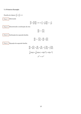 57
7.1 Primeiro Exemplo
Família de elipses:
𝑥2
𝑎2 +
𝑦2
𝑏2 = 𝑘
Derivando
2𝑥
𝑎2
+
2𝑦
𝑏2
𝑑𝑦
𝑑𝑥
= 0 →×
1
2
→
𝑦
𝑏2
𝑑𝑦
𝑑𝑥
= −
𝑥
𝑎2
Encontrando a inclinação da reta
𝑑𝑦
𝑑𝑥
= −
𝑏2
𝑥
𝑎2 𝑦
Inclinação da segunda família
𝑑𝑦
𝑑𝑥
= −
𝑏2
𝑥
𝑎2 𝑦
→
𝑑𝑦
𝑑𝑥
=
𝑎2
𝑦
𝑏2 𝑥
Equação da segunda família
𝑑𝑦
𝑑𝑥
=
𝑎2
𝑦
𝑏2 𝑥
→
𝑑𝑦
𝑎2 𝑦
=
𝑑𝑥
𝑏2 𝑥
→ ∫
𝑑𝑦
𝑎2 𝑦
= ∫
𝑑𝑥
𝑏2 𝑥
1
𝑎2
ln|𝑦| =
1
𝑏2
ln|𝑥𝑐| → ln|𝑦 𝑏2
| = ln|𝑥𝑐 𝑎2
|
𝑦 𝑏2
= 𝑐𝑥 𝑎2
Passo 1
Passo 2
Passo 3
Passo 4
 