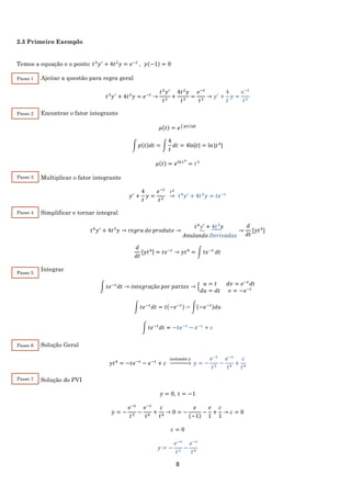 8
2.3 Primeiro Exemplo
Temos a equação e o ponto: 𝑡3
𝑦′
+ 4𝑡2
𝑦 = 𝑒−𝑡
, 𝑦(−1) = 0
Ajeitar a questão para regra geral
𝑡3
𝑦′
+ 4𝑡2
𝑦 = 𝑒−𝑡
→
𝑡3
𝑦′
𝑡3
+
4𝑡2
𝑦
𝑡3
=
𝑒−𝑡
𝑡3
→ 𝑦′
+
4
𝑡
𝑦 =
𝑒−𝑡
𝑡3
Encontrar o fator integrante
𝜇(𝑡) = 𝑒∫ 𝑝(𝑡)𝑑𝑡
∫ 𝑝(𝑡)𝑑𝑡 = ∫
4
𝑡
𝑑𝑡 = 4ln|𝑡| = ln⁡|𝑡4
|
𝜇(𝑡) = 𝑒ln 𝑡4
= 𝑡4
Multiplicar o fator integrante
𝑦′
+
4
𝑡
𝑦 =
𝑒−𝑡
𝑡3
𝑡4
→ 𝑡4
𝑦′
+ 4𝑡3
𝑦 = 𝑡𝑒−𝑡
Simplificar e tornar integral
𝑡4
𝑦′
+ 4𝑡3
𝑦 → 𝑟𝑒𝑔𝑟𝑎 𝑑𝑜 𝑝𝑟𝑜𝑑𝑢𝑡𝑜 →
𝑡4
𝑦′ + 4𝑡3
𝑦
𝐴𝑛𝑢𝑙𝑎𝑛𝑑𝑜 𝐷𝑒𝑟𝑖𝑣𝑎𝑑𝑎𝑠
→
𝑑
𝑑𝑡
[𝑦𝑡4
]
𝑑
𝑑𝑡
[𝑦𝑡4] = 𝑡𝑒−𝑡
→ 𝑦𝑡4
= ∫ 𝑡𝑒−𝑡
𝑑𝑡
Integrar
∫ 𝑡𝑒−𝑡
𝑑𝑡 → 𝑖𝑛𝑡𝑒𝑔𝑟𝑎çã𝑜 𝑝𝑜𝑟 𝑝𝑎𝑟𝑡𝑒𝑠 → { 𝑢 = 𝑡 𝑑𝑣 = 𝑒−𝑡
𝑑𝑡
𝑑𝑢 = 𝑑𝑡 𝑣 = −𝑒−𝑡
∫ 𝑡𝑒−𝑡
𝑑𝑡 = 𝑡(−𝑒−𝑡) − ∫(−𝑒−𝑡)𝑑𝑢
∫ 𝑡𝑒−𝑡
𝑑𝑡 = −𝑡𝑒−𝑡
− 𝑒−𝑡
+ 𝑐
Solução Geral
𝑦𝑡4
= −𝑡𝑒−𝑡
− 𝑒−𝑡
+ 𝑐
𝑖𝑠𝑜𝑙𝑎𝑛𝑑𝑜 𝑦
→ 𝑦 = −
𝑒−𝑡
𝑡3
−
𝑒−𝑡
𝑡4
+
𝑐
𝑡4
Solução do PVI
𝑦 = 0, 𝑡 = −1
𝑦 = −
𝑒−𝑡
𝑡3
−
𝑒−𝑡
𝑡4
+
𝑐
𝑡4
→ 0 = −
𝑒
(−1)
−
𝑒
1
+
𝑐
1
→ 𝑐 = 0
𝑐 = 0
𝑦 = −
𝑒−𝑡
𝑡3
−
𝑒−𝑡
𝑡4
Passo 3
Passo 4
Passo 5
Passo 6
Passo 7
Passo 1
Passo 2
 