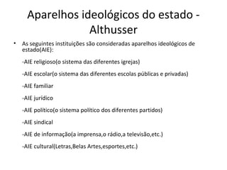Aparelhos ideológicos do estado -
Althusser
• As seguintes instituições são consideradas aparelhos ideológicos de
estado(AIE):
-AIE religioso(o sistema das diferentes igrejas)
-AIE escolar(o sistema das diferentes escolas públicas e privadas)
-AIE familiar
-AIE jurídico
-AIE político(o sistema político dos diferentes partidos)
-AIE sindical
-AIE de informação(a imprensa,o rádio,a televisão,etc.)
-AIE cultural(Letras,Belas Artes,esportes,etc.)
 