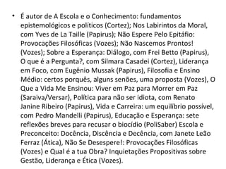• É autor de A Escola e o Conhecimento: fundamentos
epistemológicos e políticos (Cortez); Nos Labirintos da Moral,
com Yves de La Taille (Papirus); Não Espere Pelo Epitáfio:
Provocações Filosóficas (Vozes); Não Nascemos Prontos!
(Vozes); Sobre a Esperança: Diálogo, com Frei Betto (Papirus),
O que é a Pergunta?, com Silmara Casadei (Cortez), Liderança
em Foco, com Eugênio Mussak (Papirus), Filosofia e Ensino
Médio: certos porquês, alguns senões, uma proposta (Vozes), O
Que a Vida Me Ensinou: Viver em Paz para Morrer em Paz
(Saraiva/Versar), Política para não ser idiota, com Renato
Janine Ribeiro (Papirus), Vida e Carreira: um equilíbrio possível,
com Pedro Mandelli (Papirus), Educação e Esperança: sete
reflexões breves para recusar o biocídio (PoliSaber) Escola e
Preconceito: Docência, Discência e Decência, com Janete Leão
Ferraz (Ática), Não Se Desespere!: Provocações Filosóficas
(Vozes) e Qual é a tua Obra? Inquietações Propositivas sobre
Gestão, Liderança e Ética (Vozes).
 
