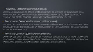 • FOUNDATION CERTIFICATE (CERTIFICADO BÁSICO):
ACREDITA UN CONOCIMIENTO BÁSICO DE ITIL EN GESTIÓN DE SERVICIOS DE TECNOLOGÍAS DE LA
INFORMACIÓN Y LA COMPRENSIÓN DE LA TERMINOLOGÍA PROPIA DE ITIL. ESTÁ DESTINADO A
PERSONAS QUE DESEEN CONOCER LAS BUENAS PRÁCTICAS ESPECIFICADAS EN ITIL.
• PRACTITIONER'S CERTIFICATE (CERTIFICADO DE RESPONSABLE):
DESTINADO A QUIENES TIENEN RESPONSABILIDAD EN EL DISEÑO DE PROCESOS DE ADMINISTRACIÓN DE
DEPARTAMENTOS DE TECNOLOGÍAS DE LA INFORMACIÓN Y EN LA PLANIFICACIÓN DE LAS ACTIVIDADES
ASOCIADAS A LOS PROCESOS.
• MANAGER'S CERTIFICATE (CERTIFICADO DE DIRECTOR):
GARANTIZA QUE QUIEN LO POSEE DISPONE DE PROFUNDOS CONOCIMIENTOS EN TODAS LAS MATERIAS
RELACIONADAS CON LA ADMINISTRACIÓN DE DEPARTAMENTOS DE TECNOLOGÍAS DE LA INFORMACIÓN,
HABILITA PARA DIRIGIR LA IMPLANTACIÓN DE SOLUCIONES BASADAS EN ITIL.
 
