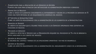• PLANIFICACIÓN PARA LA APLICACIÓN DE LOS SERVICIOS DE GESTIÓN
PLANTEA UNA GUÍA PARA ESTABLECER UNA METODOLOGÍA DE ADMINISTRACIÓN ORIENTADA A SERVICIOS.
• PERSPECTIVA DE NEGOCIO
CUBRE EL RANGO DE ELEMENTOS CONCERNIENTES AL ENTENDIMIENTO Y MEJORA EN LA PROVISIÓN DE SERVICIOS DE TI
COMO UNA PARTE INTEGRAL DE LOS REQUERIMIENTOS GENERALES DEL NEGOCIO.
• ICT GESTIÓN DE INFRAESTRUCTURAS
CUBRE LOS ASPECTOS RELACIONADOS CON LA ADMINISTRACIÓN DE LOS ELEMENTOS DE LA INFRAESTRUCTURA
• SERVICIOS DE SOPORTE
SE ORIENTA EN ASEGURAR QUE EL USUARIO TENGA ACCESO A LOS SERVICIOS APROPIADOS PARA SOPORTAR LAS
FUNCIONES DE NEGOCIO.
• PROVISIÓN DE SERVICIOS
SE ORIENTA A DETECTAR EL SERVICIO QUE LA ORGANIZACIÓN REQUIERE DEL PROVEEDOR DE TI A FIN DE BRINDAR EL
APOYO ADECUADO A LOS CLIENTES DEL NEGOCIO.
• GESTIÓN DE APLICACIONES
SE ENCARGA DEL CONTROL Y MANEJO DE LAS APLICACIONES OPERATIVAS Y EN FASE DE DESARROLLO.
• GESTIÓN DE SEGURIDAD
CUBRE LOS ASPECTOS RELACIONADOS CON LA ADMINISTRACIÓN DEL ASEGURAMIENTO LÓGICO DE LA INFORMACIÓN.
 