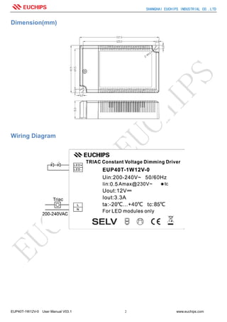 SHANGHAI EUCHIPS INDUSTRIAL CO.,LTD
EUP40T-1W12V-0 User Manual V03.1 2 www.euchips.com
Dimension(mm)
Wiring Diagram
 