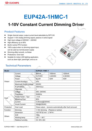 SHANGHAI EUCHIPS INDUSTRIAL CO.,LTD
EUP42A-1HMC-1 User Manual V01.1 1 www.euchips.com
EUP42A-1HMC-1
1-10V Constant Current Dimming Driver
Product Features
Single channel output, output current level selectable by DIP S.W.
Support 1-10V analog dimming signal, passive or active signal
High input voltage of 200VAC ~ 240VAC
High efficiency up to 85%
Built-in active PFC function
100% output when no dimming signal input,
can be used as normal power supply
Dimming effect smooth, no flicker
Protections: Over load
Suitable for indoor LED lighting application,
such as down light, panel light, and so on
Technical Parameters
Model EUP42A-1HMC-1
Output
Current 900mA 1050mA 1200mA
Voltage 3-47VDC 3-40VDC 3-35VDC
Power 42.3W 42W 42W
Current Accuracy ±5%
Maximum Output Voltage 50VDC
R & N (Max) 200mVp-p
Channels 1
Input
Voltage 200– 240VAC
Frequency 50/60Hz
Power Factor（Typ） ≥0.9
Efficiency(Typ) 85%
Current 0.3Amax@230VAC
Inrush Current 30A@230VAC
Protection Over Load Close output，recovers automatically after fault removed
Function Dimming 1-10V dimming (Passive or active)
Others
Dimension 122*78*32 mm（L*W*H）
G.W 190g
Working temp. -20℃ ~ 40℃
Relative humidity 20~90% RH
 