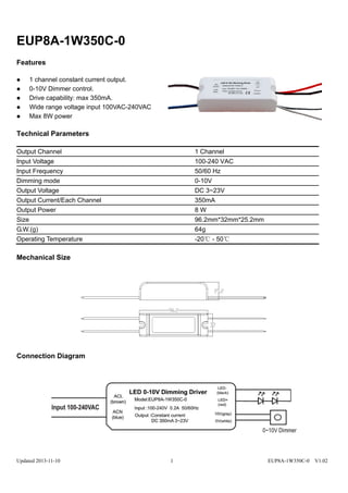 Updated 2013-11-10 1 EUP8A-1W350C-0 V1.02
EUP8A-1W350C-0
Features
 1 channel constant current output.
 0-10V Dimmer control.
 Drive capability: max 350mA.
 Wide range voltage input 100VAC-240VAC
 Max 8W power
Technical Parameters
Output Channel 1 Channel
Input Voltage 100-240 VAC
Input Frequency 50/60 Hz
Dimming mode 0-10V
Output Voltage DC 3~23V
Output Current/Each Channel 350mA
Output Power 8 W
Size 96.2mm*32mm*25.2mm
G.W.(g) 64g
Operating Temperature -20℃ - 50℃
Mechanical Size
Connection Diagram
 