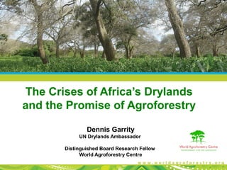 The Crises of Africa’s Drylands
and the Promise of Agroforestry

               Dennis Garrity
            UN Drylands Ambassador

       Distinguished Board Research Fellow
             World Agroforestry Centre
 