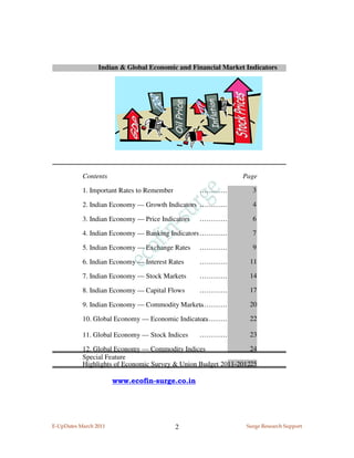 Indian & Global Economic and Financial Market Indicators




           Contents                                           Page

           1. Important Rates to Remember         …………           3

           2. Indian Economy — Growth Indicators …………            4

           3. Indian Economy — Price Indicators   …………           6

           4. Indian Economy — Banking Indicators …………           7

           5. Indian Economy — Exchange Rates     …………           9

           6. Indian Economy — Interest Rates     …………          11

           7. Indian Economy — Stock Markets      …………          14

           8. Indian Economy — Capital Flows      …………          17

           9. Indian Economy — Commodity Markets
                                              …………              20

           10. Global Economy — Economic Indicators
                                                …………            22

           11. Global Economy — Stock Indices     …………          23

           12. Global Economy — Commodity Indices                24
           Special Feature
           Highlights of Economic Survey & Union Budget 2011-201225

                       www.ecofin-surge.co.in




E-UpDates March 2011                        2                  Surge Research Support
 