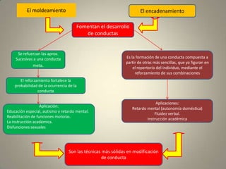 El moldeamientoEl encadenamientoFomentan el desarrollo de conductasSe refuerzan las aprox. Sucesivas a una conducta meta. Es la formación de una conducta compuesta a partir de otras más sencillas, que ya figuran en el repertorio del individuo, mediante el reforzamiento de sus combinacionesEl reforzamiento fortalece la probabilidad de la ocurrencia de la conductaAplicaciones:Retardo mental (autonomía doméstica)Fluidez verbal.Instrucción académicaAplicación: Educación especial, autismo y retardo mental.Reabilitación de funciones motoras.La instrucción académica.Disfunciones sexualesSon las técnicas más sólidas en modificación de conducta