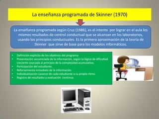 La enseñanza programada de Skinner (1970)La enseñanza programada según Cruz (1986), es el intento  por lograr en el aula los mismos resultados de control conductual que se alcanzan en los laboratorios, usando los principios conductuales. Es la primera aproximación de la teoría de Skinner  que sirve de base para los modelos informáticos.Definición explícita de los objetivos del programa