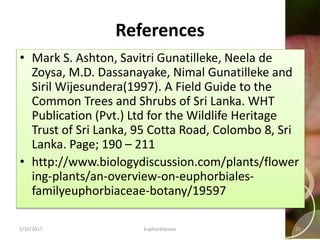 References
• Mark S. Ashton, Savitri Gunatilleke, Neela de
Zoysa, M.D. Dassanayake, Nimal Gunatilleke and
Siril Wijesundera(1997). A Field Guide to the
Common Trees and Shrubs of Sri Lanka. WHT
Publication (Pvt.) Ltd for the Wildlife Heritage
Trust of Sri Lanka, 95 Cotta Road, Colombo 8, Sri
Lanka. Page; 190 – 211
• http://www.biologydiscussion.com/plants/flower
ing-plants/an-overview-on-euphorbiales-
familyeuphorbiaceae-botany/19597
2/10/2017 Euphorbiaceae 21
 