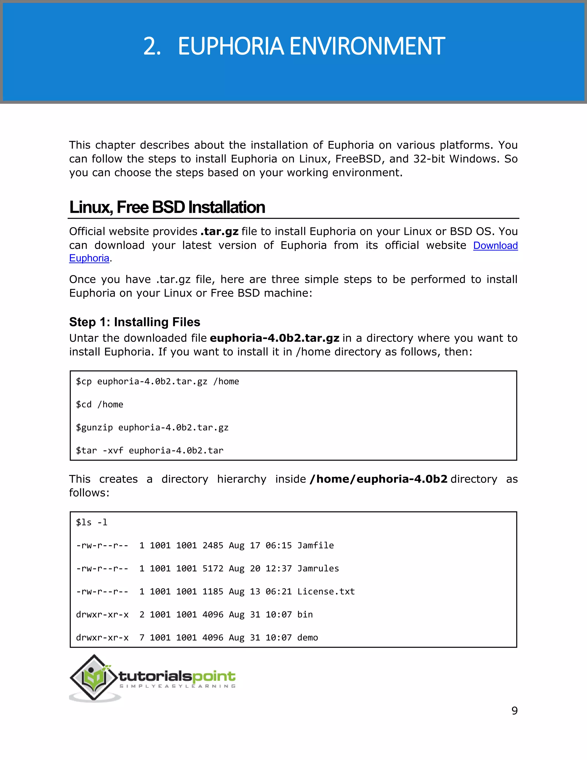 Euphoria
9
This chapter describes about the installation of Euphoria on various platforms. You
can follow the steps to install Euphoria on Linux, FreeBSD, and 32-bit Windows. So
you can choose the steps based on your working environment.
Linux,FreeBSDInstallation
Official website provides .tar.gz file to install Euphoria on your Linux or BSD OS. You
can download your latest version of Euphoria from its official website Download
Euphoria.
Once you have .tar.gz file, here are three simple steps to be performed to install
Euphoria on your Linux or Free BSD machine:
Step 1: Installing Files
Untar the downloaded file euphoria-4.0b2.tar.gz in a directory where you want to
install Euphoria. If you want to install it in /home directory as follows, then:
$cp euphoria-4.0b2.tar.gz /home
$cd /home
$gunzip euphoria-4.0b2.tar.gz
$tar -xvf euphoria-4.0b2.tar
This creates a directory hierarchy inside /home/euphoria-4.0b2 directory as
follows:
$ls -l
-rw-r--r-- 1 1001 1001 2485 Aug 17 06:15 Jamfile
-rw-r--r-- 1 1001 1001 5172 Aug 20 12:37 Jamrules
-rw-r--r-- 1 1001 1001 1185 Aug 13 06:21 License.txt
drwxr-xr-x 2 1001 1001 4096 Aug 31 10:07 bin
drwxr-xr-x 7 1001 1001 4096 Aug 31 10:07 demo
2. EUPHORIA ENVIRONMENT
 