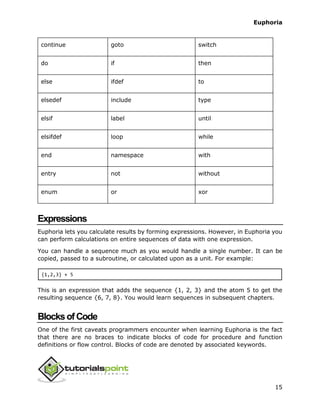 Euphoria
15
continue goto switch
do if then
else ifdef to
elsedef include type
elsif label until
elsifdef loop while
end namespace with
entry not without
enum or xor
Expressions
Euphoria lets you calculate results by forming expressions. However, in Euphoria you
can perform calculations on entire sequences of data with one expression.
You can handle a sequence much as you would handle a single number. It can be
copied, passed to a subroutine, or calculated upon as a unit. For example:
{1,2,3} + 5
This is an expression that adds the sequence {1, 2, 3} and the atom 5 to get the
resulting sequence {6, 7, 8}. You would learn sequences in subsequent chapters.
BlocksofCode
One of the first caveats programmers encounter when learning Euphoria is the fact
that there are no braces to indicate blocks of code for procedure and function
definitions or flow control. Blocks of code are denoted by associated keywords.
 