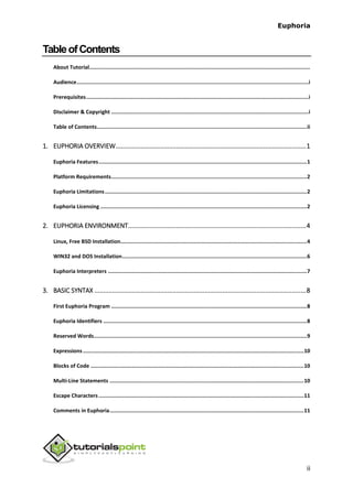 Euphoria
ii
TableofContents
About Tutorial.............................................................................................................................................
Audience....................................................................................................................................................i
Prerequisites..............................................................................................................................................i
Disclaimer & Copyright ..............................................................................................................................i
Table of Contents......................................................................................................................................ii
1. EUPHORIA OVERVIEW...........................................................................................................1
Euphoria Features.....................................................................................................................................1
Platform Requirements.............................................................................................................................2
Euphoria Limitations.................................................................................................................................2
Euphoria Licensing ....................................................................................................................................2
2. EUPHORIA ENVIRONMENT....................................................................................................4
Linux, Free BSD Installation.......................................................................................................................4
WIN32 and DOS Installation......................................................................................................................6
Euphoria Interpreters ...............................................................................................................................7
3. BASIC SYNTAX .......................................................................................................................8
First Euphoria Program .............................................................................................................................8
Euphoria Identifiers ..................................................................................................................................8
Reserved Words........................................................................................................................................9
Expressions.............................................................................................................................................10
Blocks of Code ........................................................................................................................................10
Multi-Line Statements ............................................................................................................................10
Escape Characters...................................................................................................................................11
Comments in Euphoria............................................................................................................................11
 