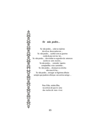 Se não podes...

         Se não podes... calar as injúrias
           devolvas doces palavras ...
      Se não podes... acabar com as guerras
            cuida da paz em teu lar...
Se não podes... desvendar os segredos da natureza
             aceite-os sem receios...
        Se não podes... estender tapetes
          compartilha o teu caminhar...
       Se não podes... alcançar as estrelas
                 não ouse tê-las...
    Se não podes... enxugar as lágrimas alheias
 sempre que puderes ofereças um sorriso amigo ...




           Para Elda, minha filha,
           na certeza de que és uma
           das razões do meu viver.




                    65
 