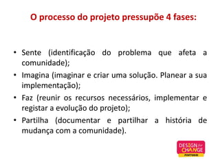 • Sente (identificação do problema que afeta a
comunidade);
• Imagina (imaginar e criar uma solução. Planear a sua
implementação);
• Faz (reunir os recursos necessários, implementar e
registar a evolução do projeto);
• Partilha (documentar e partilhar a história de
mudança com a comunidade).
O processo do projeto pressupõe 4 fases:
 