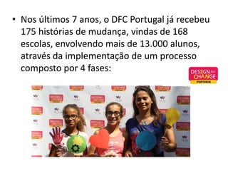 • Nos últimos 7 anos, o DFC Portugal já recebeu
175 histórias de mudança, vindas de 168
escolas, envolvendo mais de 13.000 alunos,
através da implementação de um processo
composto por 4 fases:
 