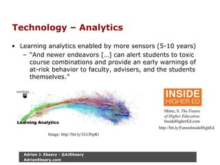Technology – Analytics
• Learning analytics enabled by more sensors (5-10 years)
– “And newer endeavors […] can alert students to toxic
course combinations and provide an early warnings of
at-risk behavior to faculty, advisers, and the students
themselves.”
Mintz, S. The Future
of Higher Education.
InsideHigherEd.com
http://bit.ly/FutureInsideHighEd
Image: http://bit.ly/1LUPq4G
Adrian J. Ebsary - @AJEbsary
AdrianEbsary.com
 