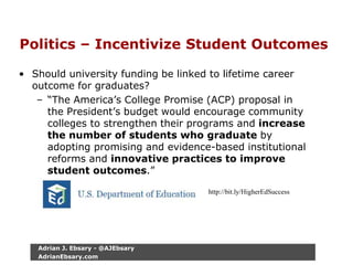 Politics – Incentivize Student Outcomes
• Should university funding be linked to lifetime career
outcome for graduates?
– “The America’s College Promise (ACP) proposal in
the President’s budget would encourage community
colleges to strengthen their programs and increase
the number of students who graduate by
adopting promising and evidence-based institutional
reforms and innovative practices to improve
student outcomes.”
http://bit.ly/HigherEdSuccess
Adrian J. Ebsary - @AJEbsary
AdrianEbsary.com
 