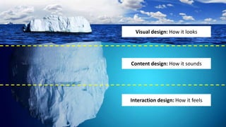 Visual design: How it looks
Content design: How it sounds
Interaction design: How it feels
 