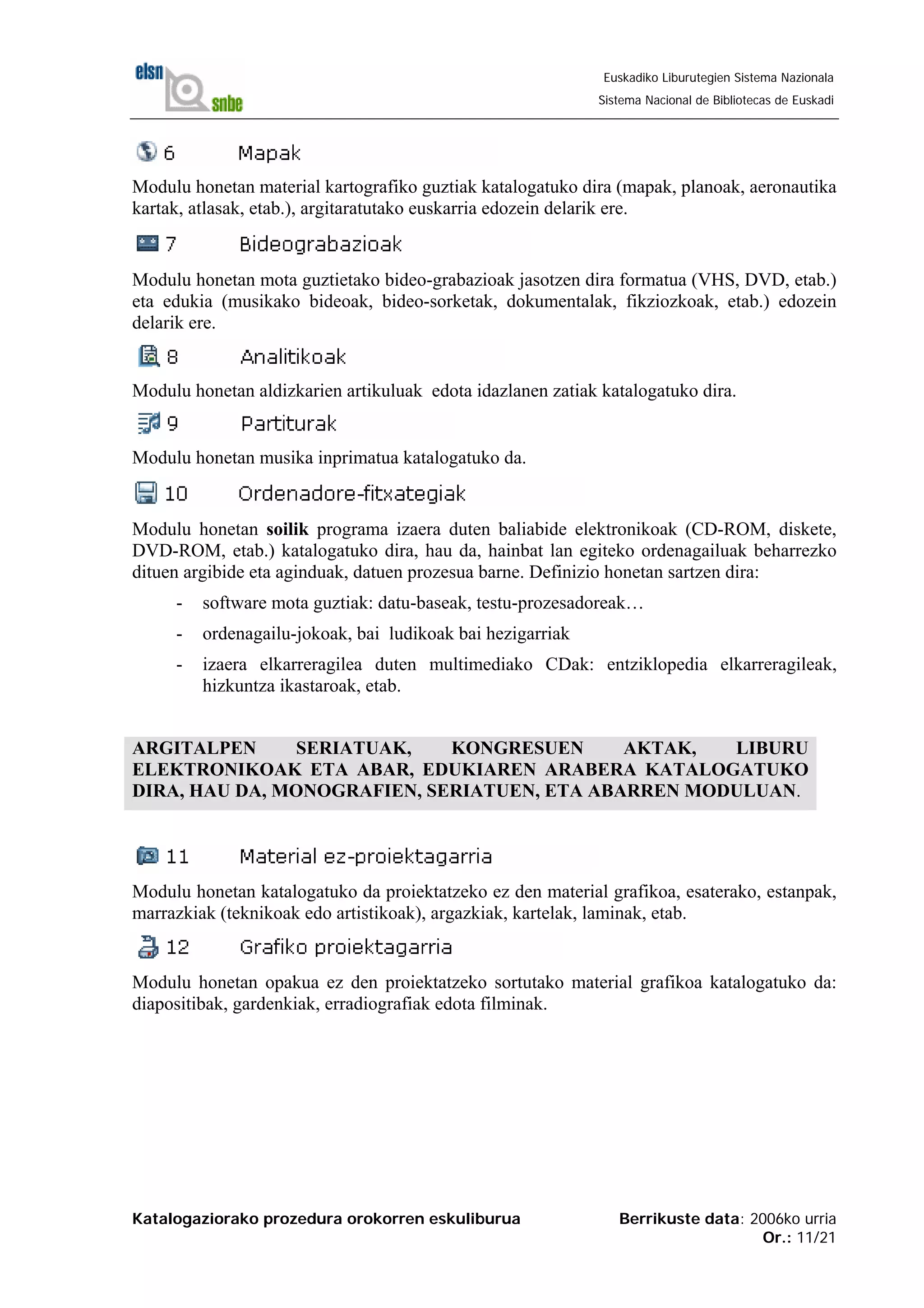 Katalogaziorako prozedura orokorren eskuliburua Berrikuste data: 2006ko urria
Or.: 11/21
Euskadiko Liburutegien Sistema Nazionala
Sistema Nacional de Bibliotecas de Euskadi
Modulu honetan material kartografiko guztiak katalogatuko dira (mapak, planoak, aeronautika
kartak, atlasak, etab.), argitaratutako euskarria edozein delarik ere.
Modulu honetan mota guztietako bideo-grabazioak jasotzen dira formatua (VHS, DVD, etab.)
eta edukia (musikako bideoak, bideo-sorketak, dokumentalak, fikziozkoak, etab.) edozein
delarik ere.
Modulu honetan aldizkarien artikuluak edota idazlanen zatiak katalogatuko dira.
Modulu honetan musika inprimatua katalogatuko da.
Modulu honetan soilik programa izaera duten baliabide elektronikoak (CD-ROM, diskete,
DVD-ROM, etab.) katalogatuko dira, hau da, hainbat lan egiteko ordenagailuak beharrezko
dituen argibide eta aginduak, datuen prozesua barne. Definizio honetan sartzen dira:
- software mota guztiak: datu-baseak, testu-prozesadoreak…
- ordenagailu-jokoak, bai ludikoak bai hezigarriak
- izaera elkarreragilea duten multimediako CDak: entziklopedia elkarreragileak,
hizkuntza ikastaroak, etab.
ARGITALPEN SERIATUAK, KONGRESUEN AKTAK, LIBURU
ELEKTRONIKOAK ETA ABAR, EDUKIAREN ARABERA KATALOGATUKO
DIRA, HAU DA, MONOGRAFIEN, SERIATUEN, ETA ABARREN MODULUAN.
Modulu honetan katalogatuko da proiektatzeko ez den material grafikoa, esaterako, estanpak,
marrazkiak (teknikoak edo artistikoak), argazkiak, kartelak, laminak, etab.
Modulu honetan opakua ez den proiektatzeko sortutako material grafikoa katalogatuko da:
diapositibak, gardenkiak, erradiografiak edota filminak.
 