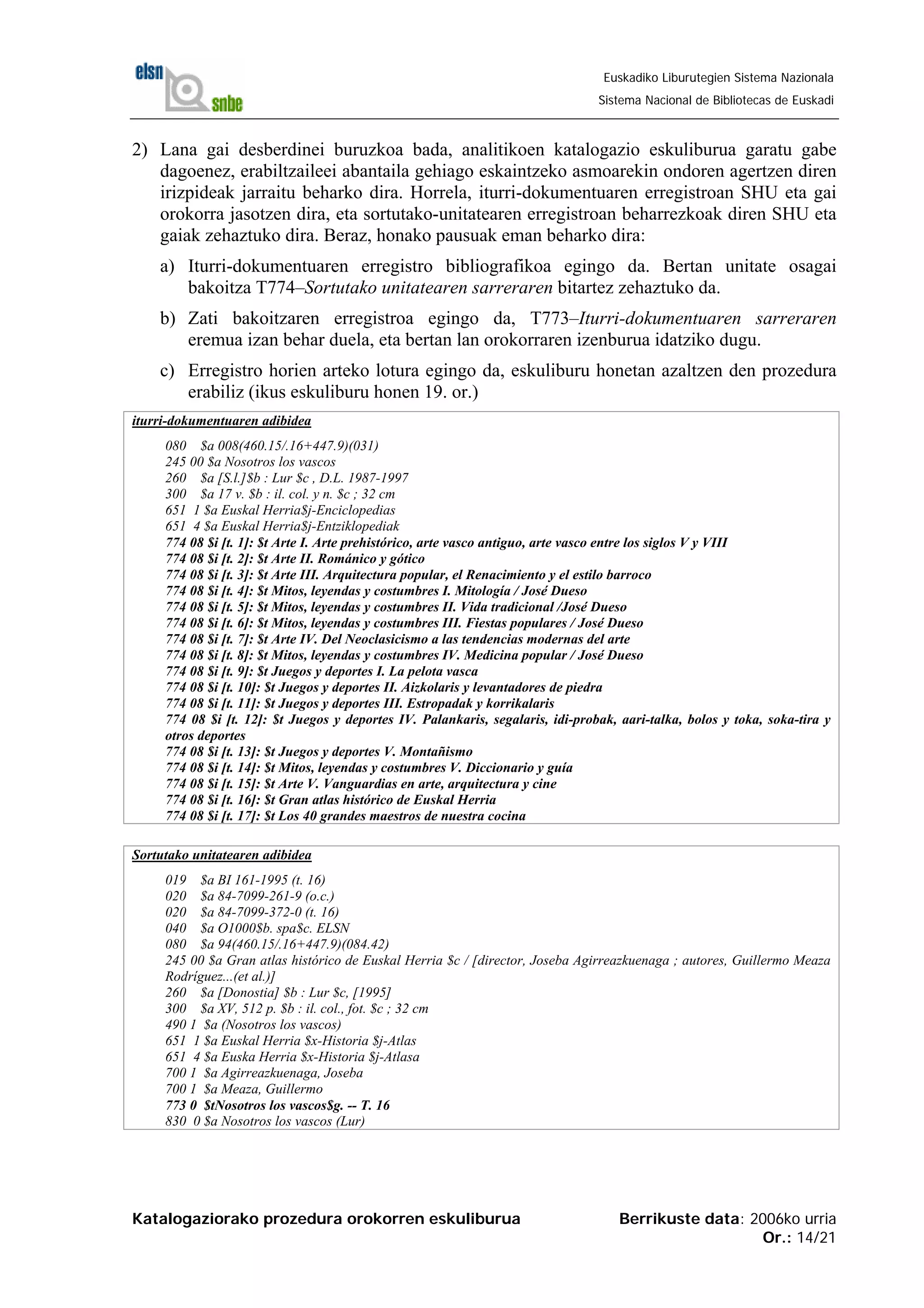 Katalogaziorako prozedura orokorren eskuliburua Berrikuste data: 2006ko urria
Or.: 14/21
Euskadiko Liburutegien Sistema Nazionala
Sistema Nacional de Bibliotecas de Euskadi
2) Lana gai desberdinei buruzkoa bada, analitikoen katalogazio eskuliburua garatu gabe
dagoenez, erabiltzaileei abantaila gehiago eskaintzeko asmoarekin ondoren agertzen diren
irizpideak jarraitu beharko dira. Horrela, iturri-dokumentuaren erregistroan SHU eta gai
orokorra jasotzen dira, eta sortutako-unitatearen erregistroan beharrezkoak diren SHU eta
gaiak zehaztuko dira. Beraz, honako pausuak eman beharko dira:
a) Iturri-dokumentuaren erregistro bibliografikoa egingo da. Bertan unitate osagai
bakoitza T774–Sortutako unitatearen sarreraren bitartez zehaztuko da.
b) Zati bakoitzaren erregistroa egingo da, T773–Iturri-dokumentuaren sarreraren
eremua izan behar duela, eta bertan lan orokorraren izenburua idatziko dugu.
c) Erregistro horien arteko lotura egingo da, eskuliburu honetan azaltzen den prozedura
erabiliz (ikus eskuliburu honen 19. or.)
iturri-dokumentuaren adibidea
080 $a 008(460.15/.16+447.9)(031)
245 00 $a Nosotros los vascos
260 $a [S.l.]$b : Lur $c , D.L. 1987-1997
300 $a 17 v. $b : il. col. y n. $c ; 32 cm
651 1 $a Euskal Herria$j-Enciclopedias
651 4 $a Euskal Herria$j-Entziklopediak
774 08 $i [t. 1]: $t Arte I. Arte prehistórico, arte vasco antiguo, arte vasco entre los siglos V y VIII
774 08 $i [t. 2]: $t Arte II. Románico y gótico
774 08 $i [t. 3]: $t Arte III. Arquitectura popular, el Renacimiento y el estilo barroco
774 08 $i [t. 4]: $t Mitos, leyendas y costumbres I. Mitología / José Dueso
774 08 $i [t. 5]: $t Mitos, leyendas y costumbres II. Vida tradicional /José Dueso
774 08 $i [t. 6]: $t Mitos, leyendas y costumbres III. Fiestas populares / José Dueso
774 08 $i [t. 7]: $t Arte IV. Del Neoclasicismo a las tendencias modernas del arte
774 08 $i [t. 8]: $t Mitos, leyendas y costumbres IV. Medicina popular / José Dueso
774 08 $i [t. 9]: $t Juegos y deportes I. La pelota vasca
774 08 $i [t. 10]: $t Juegos y deportes II. Aizkolaris y levantadores de piedra
774 08 $i [t. 11]: $t Juegos y deportes III. Estropadak y korrikalaris
774 08 $i [t. 12]: $t Juegos y deportes IV. Palankaris, segalaris, idi-probak, aari-talka, bolos y toka, soka-tira y
otros deportes
774 08 $i [t. 13]: $t Juegos y deportes V. Montañismo
774 08 $i [t. 14]: $t Mitos, leyendas y costumbres V. Diccionario y guía
774 08 $i [t. 15]: $t Arte V. Vanguardias en arte, arquitectura y cine
774 08 $i [t. 16]: $t Gran atlas histórico de Euskal Herria
774 08 $i [t. 17]: $t Los 40 grandes maestros de nuestra cocina
Sortutako unitatearen adibidea
019 $a BI 161-1995 (t. 16)
020 $a 84-7099-261-9 (o.c.)
020 $a 84-7099-372-0 (t. 16)
040 $a O1000$b. spa$c. ELSN
080 $a 94(460.15/.16+447.9)(084.42)
245 00 $a Gran atlas histórico de Euskal Herria $c / [director, Joseba Agirreazkuenaga ; autores, Guillermo Meaza
Rodríguez...(et al.)]
260 $a [Donostia] $b : Lur $c, [1995]
300 $a XV, 512 p. $b : il. col., fot. $c ; 32 cm
490 1 $a (Nosotros los vascos)
651 1 $a Euskal Herria $x-Historia $j-Atlas
651 4 $a Euska Herria $x-Historia $j-Atlasa
700 1 $a Agirreazkuenaga, Joseba
700 1 $a Meaza, Guillermo
773 0 $tNosotros los vascos$g. -- T. 16
830 0 $a Nosotros los vascos (Lur)
 