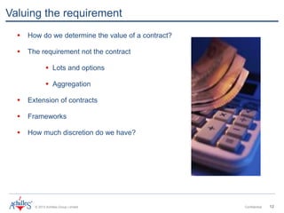 © 2013 Achilles Group Limited Confidential 12
Valuing the requirement
 How do we determine the value of a contract?
 The requirement not the contract
 Lots and options
 Aggregation
 Extension of contracts
 Frameworks
 How much discretion do we have?
 