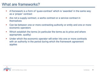 © 2013 Achilles Group Limited Confidential 24
What are frameworks?
 A framework is a form of ‘quasi-contract’ which is ‘awarded’ in the same way
as a ‘proper’ contract
 Are not a supply contract, a works contract or a service contract in
themselves
 Can be between one or more contracting authority or entity and one or more
economic operators
 Which establish the terms (in particular the terms as to price and where
appropriate, quality)
 Under which the economic operator will enter into one or more contracts
with an authority in the period during which the framework agreement
applies
 