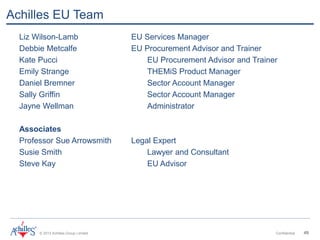 © 2013 Achilles Group Limited Confidential 49
Achilles EU Team
Liz Wilson-Lamb EU Services Manager
Debbie Metcalfe EU Procurement Advisor and Trainer
Kate Pucci EU Procurement Advisor and Trainer
Emily Strange THEMiS Product Manager
Daniel Bremner Sector Account Manager
Sally Griffin Sector Account Manager
Jayne Wellman Administrator
Associates
Professor Sue Arrowsmith Legal Expert
Susie Smith Lawyer and Consultant
Steve Kay EU Advisor
 
