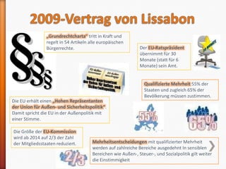„Grundrechtcharta“ tritt in Kraft und
                regelt in 54 Artikeln alle europäischen
                Bürgerrechte.                                 Der EU-Ratspräsident
                                                              übernimmt für 30
                                                              Monate (statt für 6
                                                              Monate) sein Amt.


                                                                 Qualifizierte Mehrheit 55% der
                                                                 Staaten und zugleich 65% der
                                                                 Bevölkerung müssen zustimmen.
Die EU erhält einen „Hohen Repräsentanten
der Union für Außen- und Sicherheitspolitik“.
Damit spricht die EU in der Außenpolitik mit
einer Stimme.

Die Größe der EU-Kommission
wird ab 2014 auf 2/3 der Zahl
der Mitgliedsstaaten reduziert.        Mehrheitsentscheidungen mit qualifizierter Mehrheit
                                       werden auf zahlreiche Bereiche ausgedehnt In sensiblen
                                       Bereichen wie Außen-, Steuer-, und Sozialpolitik gilt weiter
                                       die Einstimmigkeit
 