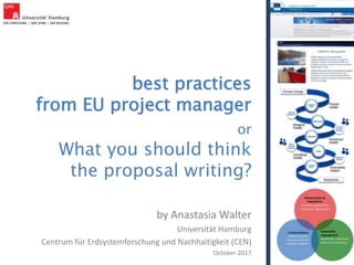 best practices
from EU project manager
or
What you should think
the proposal writing?
by Anastasia Walter
Universität Hamburg
Centrum für Erdsystemforschung und Nachhaltigkeit (CEN)
October 2017
 