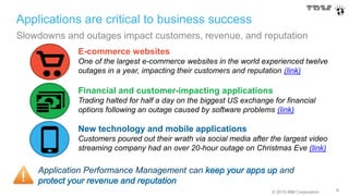 © 2015 IBM Corporation
Applications are critical to business success
6
Slowdowns and outages impact customers, revenue, and reputation
Application Performance Management can keep your apps up and
protect your revenue and reputation
E-commerce websites
One of the largest e-commerce websites in the world experienced twelve
outages in a year, impacting their customers and reputation (link)
Financial and customer-impacting applications
Trading halted for half a day on the biggest US exchange for financial
options following an outage caused by software problems (link)
New technology and mobile applications
Customers poured out their wrath via social media after the largest video
streaming company had an over 20-hour outage on Christmas Eve (link)
 